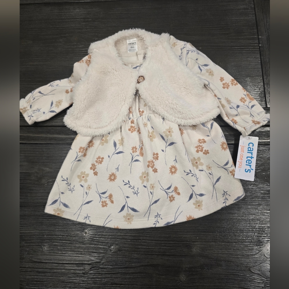 Carter's Floral Dress with Faux Fur Vest - Cream and Blue